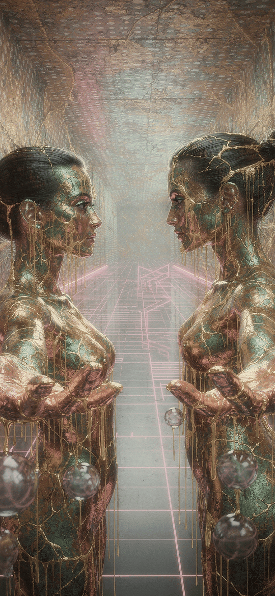 Cracked Metallic Twins in Neon Corridor