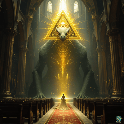 Woman Facing Giant Serpent in Cathedral