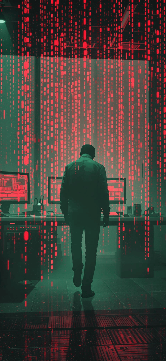 Man Walking Through Red Binary Code