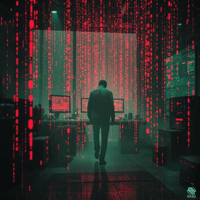 Man Walking Through Red Binary Code
