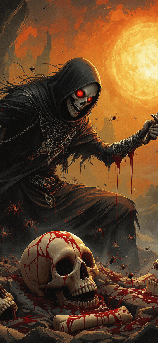 Grim Reaper with Bloody Knife Among Skulls