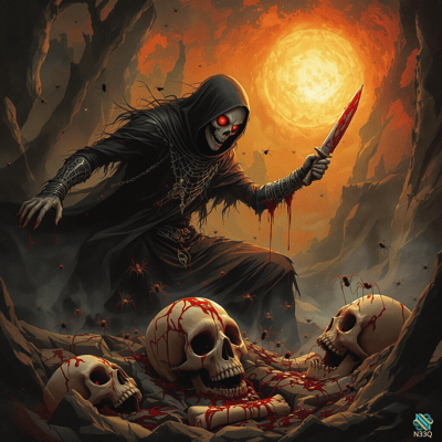 Grim Reaper with Bloody Knife Among Skulls