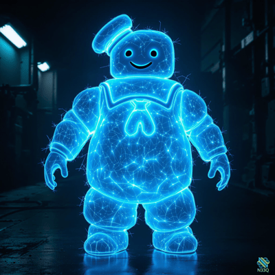 Glowing Blue Wireframe Stay Puft Figure
