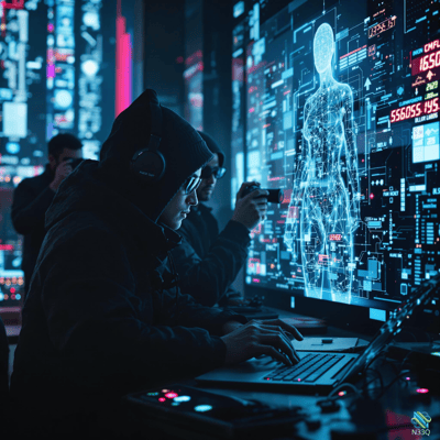 Hooded Hacker Monitoring Holographic Skeleton