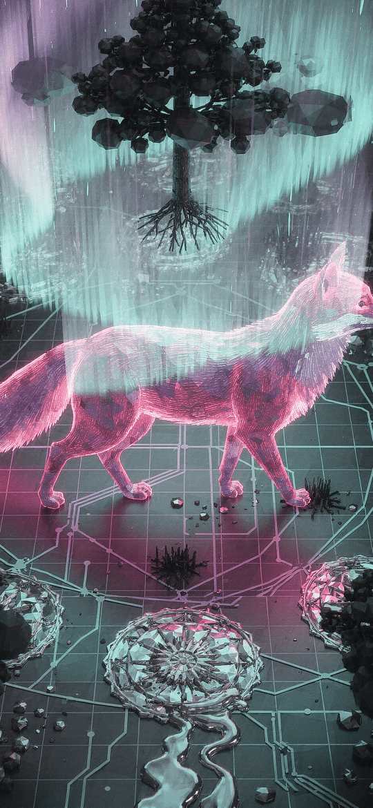 Pink Glowing Fox on a Circuit Floor Under a Tree Hologram