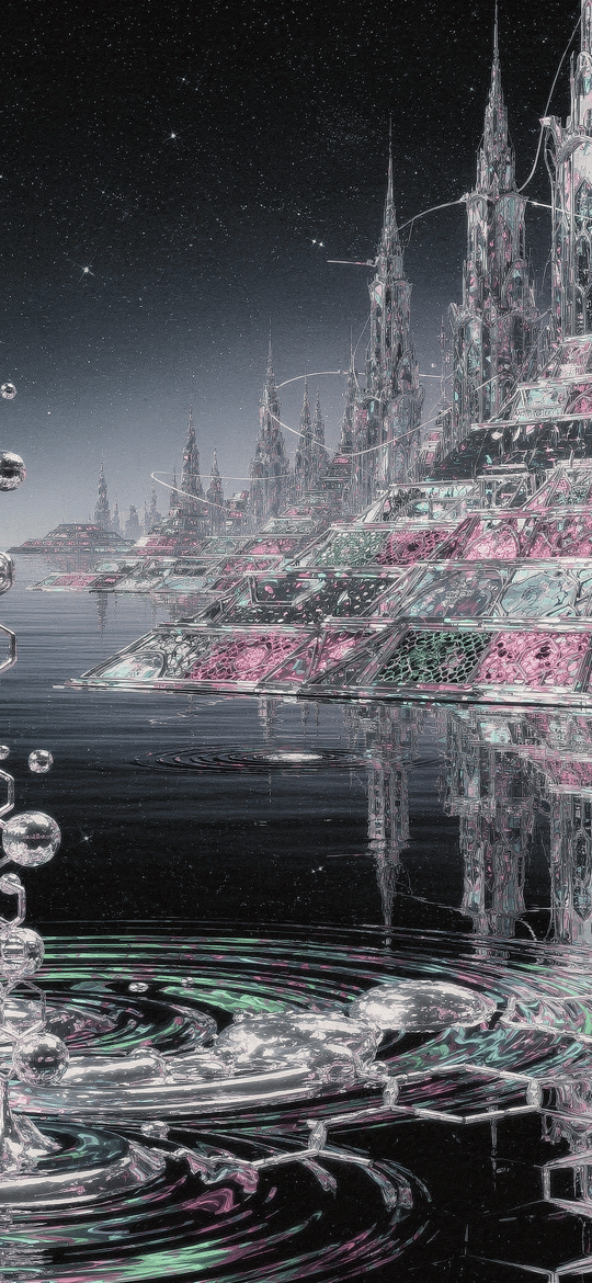 Crystalline Futuristic Fortress Over Starry Waters