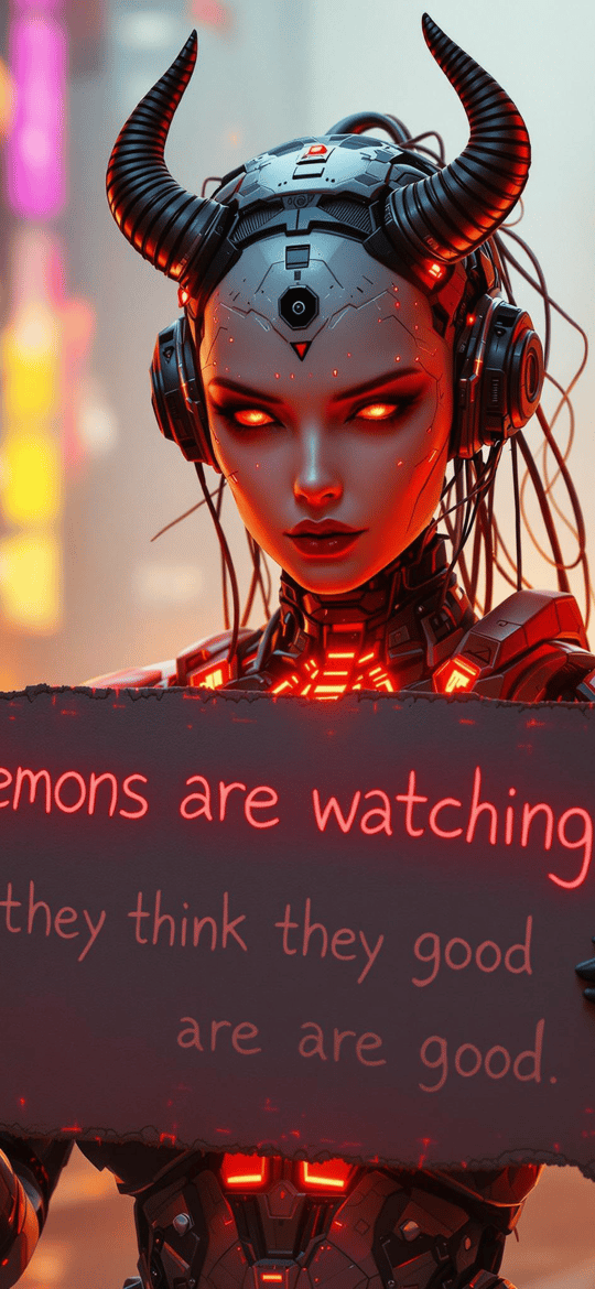Cyborg Demon Holding Neon Warning Sign