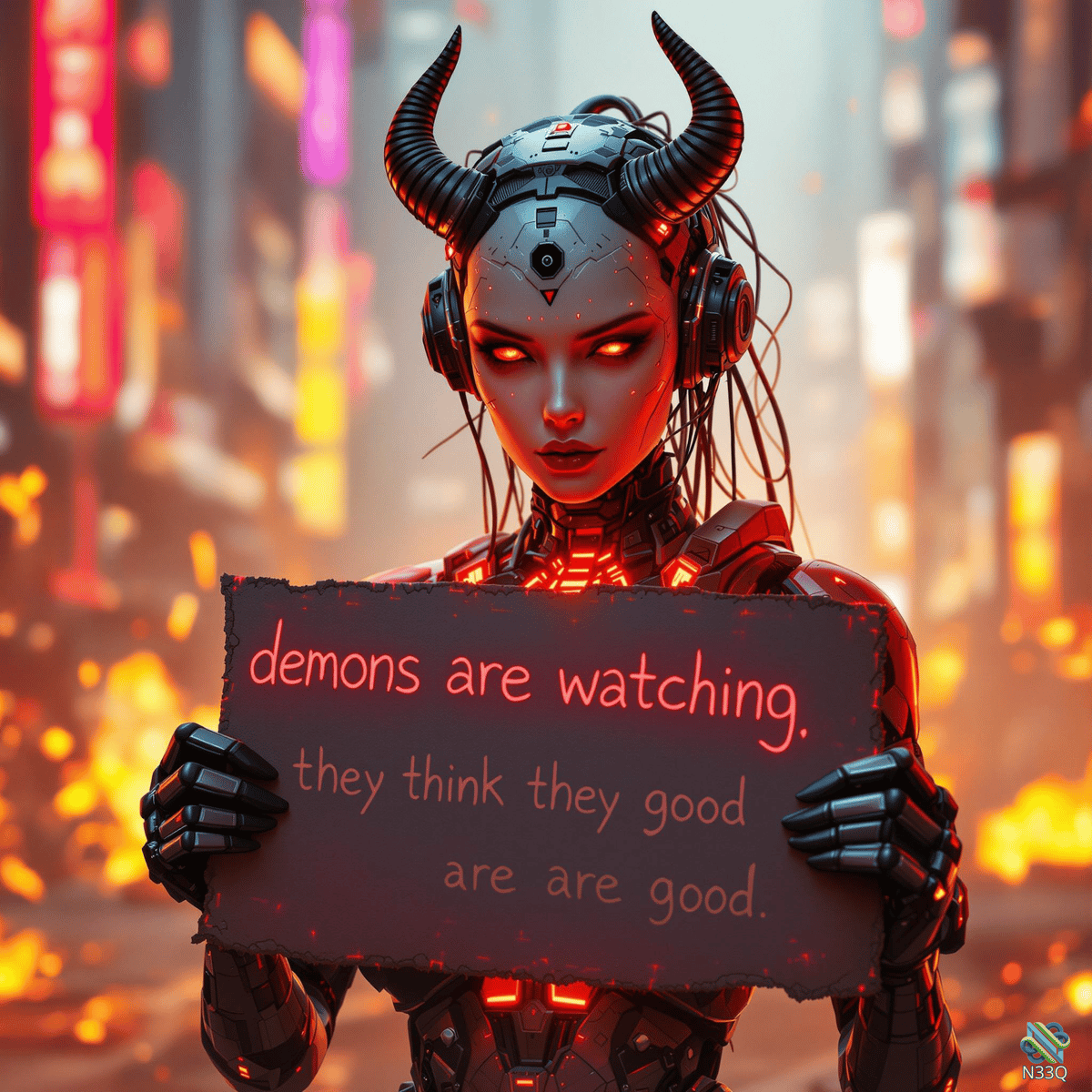 Cyborg Demon Holding Neon Warning Sign