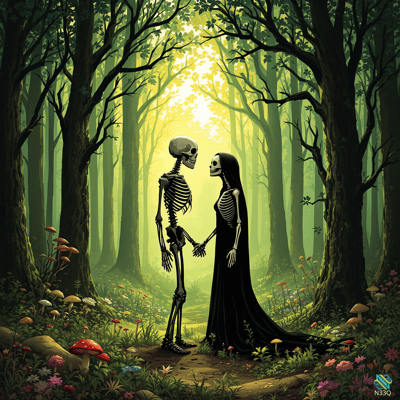 Two Skeletons Holding Hands in Forest