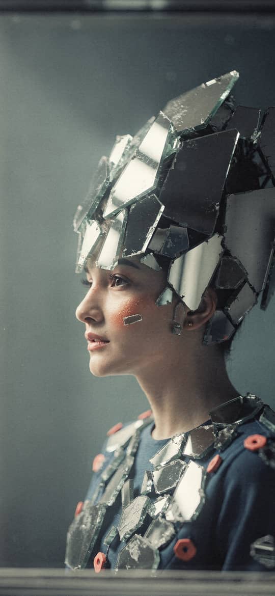 Woman with Shattered Mirror Headdress by Window