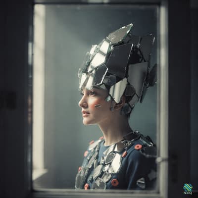 Woman with Shattered Mirror Headdress by Window