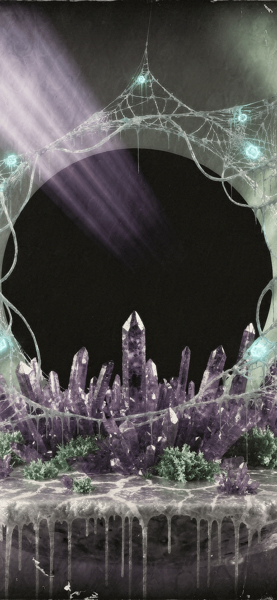 Purple Crystals Beneath Glowing Spiderwebs