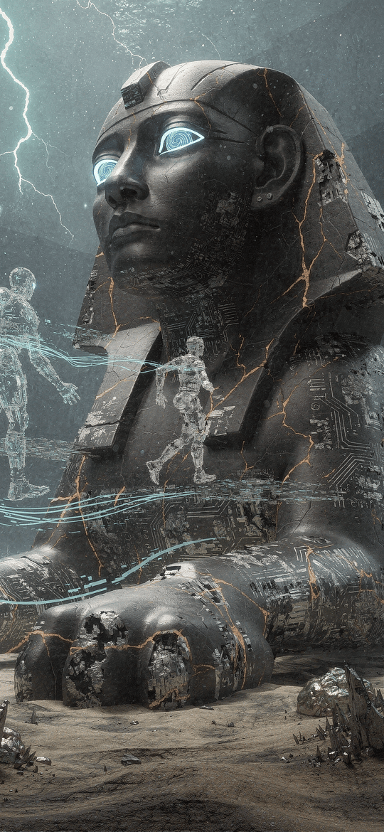 Cyberpunk Sphinx with Holographic Figures