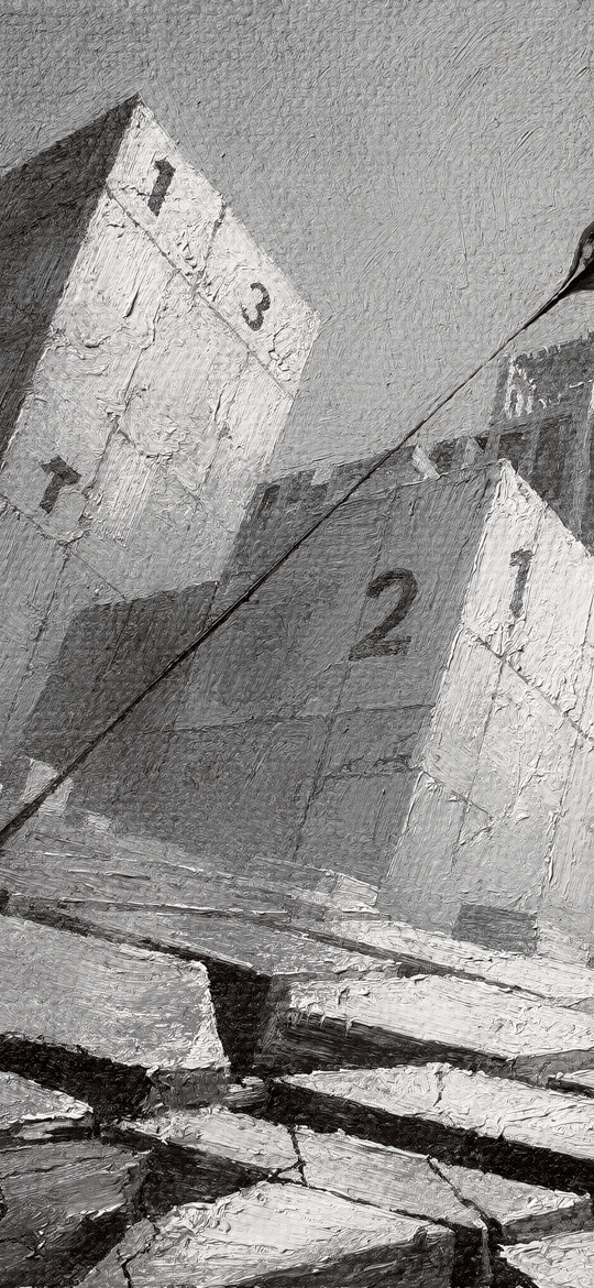 Numbered Blocks Amid Cracked City Ruins