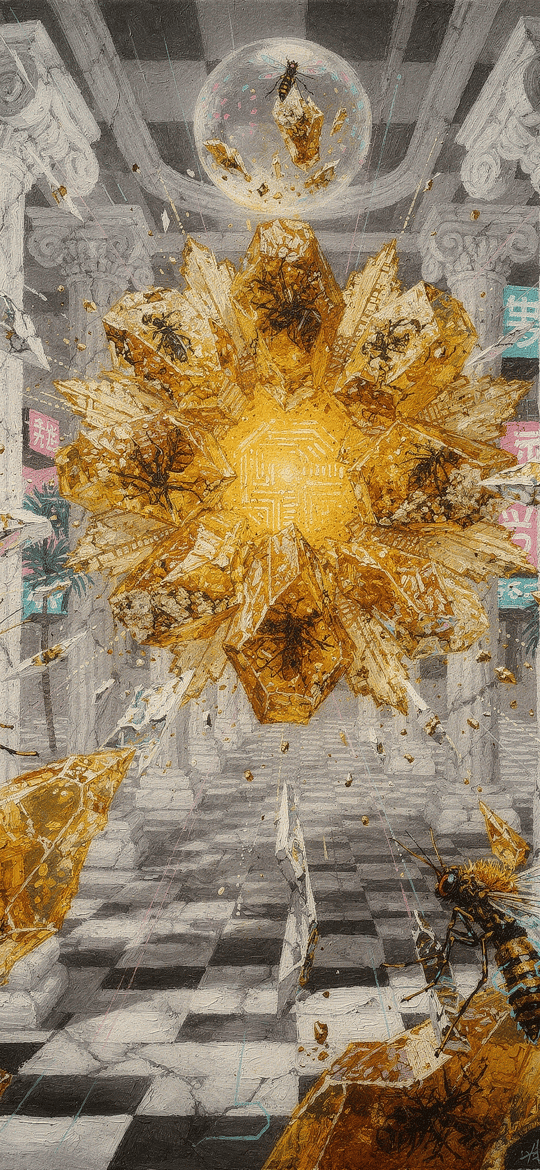 Golden Crystal Bees in Marble Colonnade