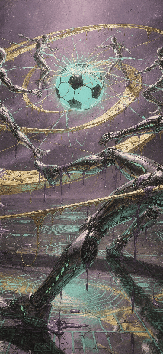 Cyborgs Playing Soccer Amid Golden Rings