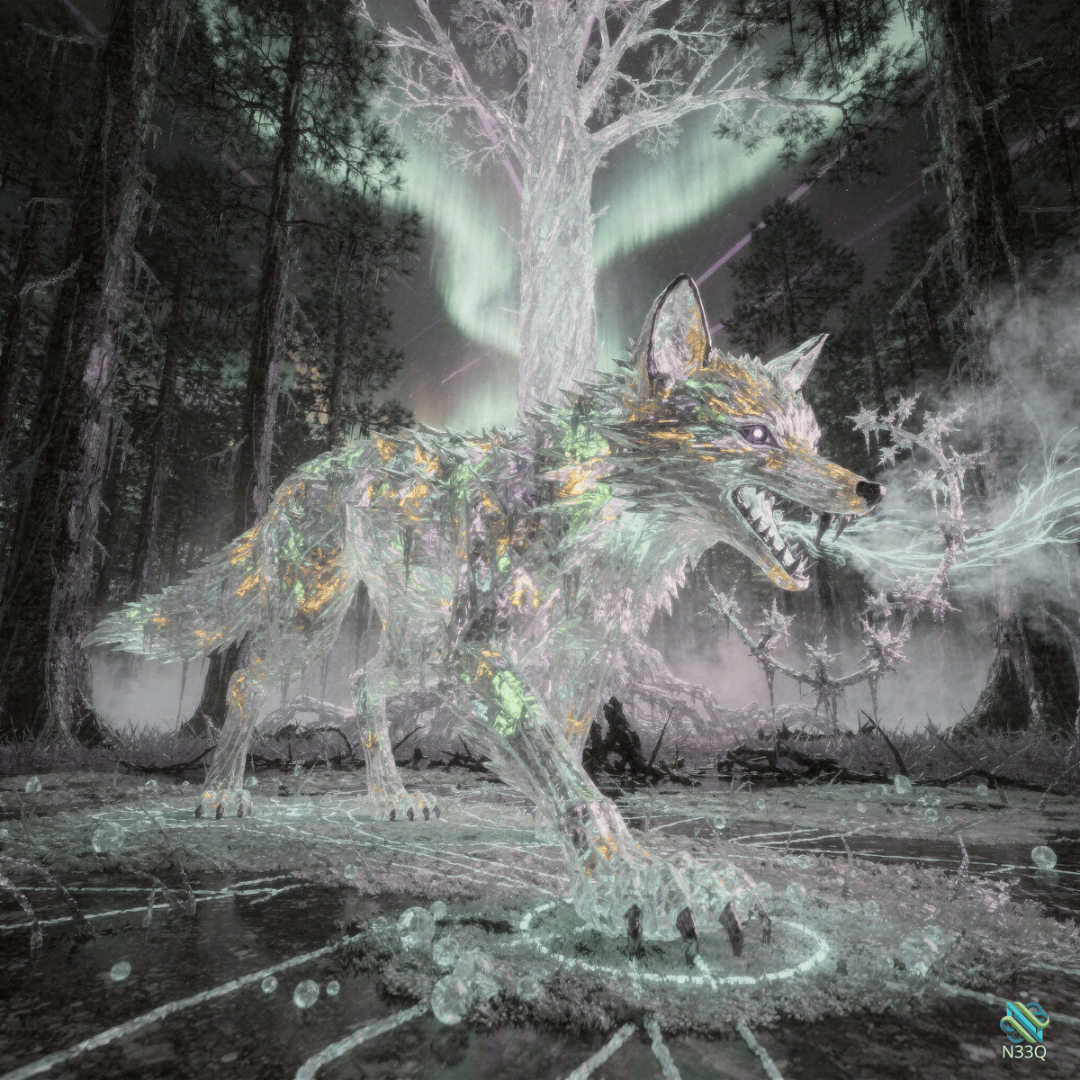 Spectral Wolf in Aurora Forest