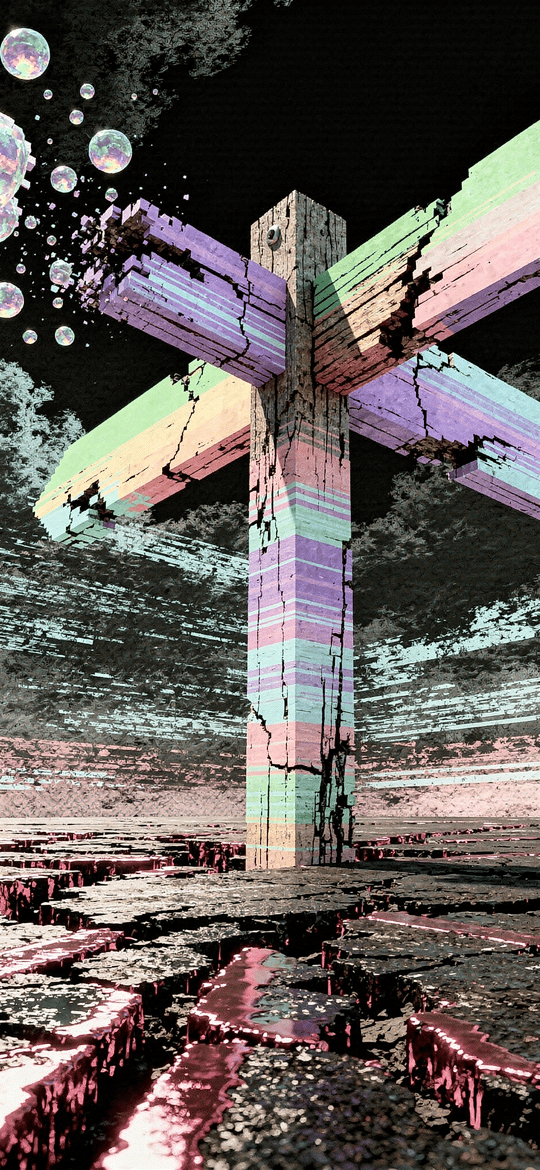 Pastel Pixel Signpost on Cracked Ground