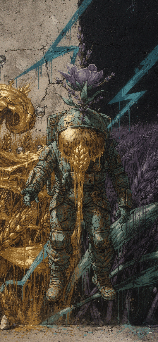Astronaut with Flowering Helmet in Golden Wheat Field