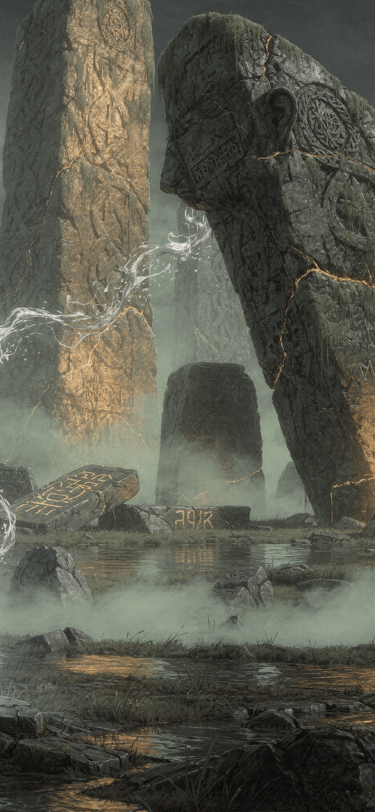Girl Among Glowing Rune Monoliths
