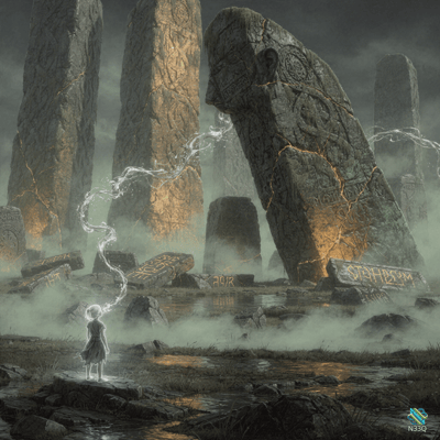 Girl Among Glowing Rune Monoliths