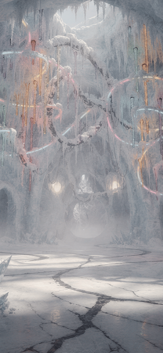 Frozen Cavern with Glowing Neon Rings