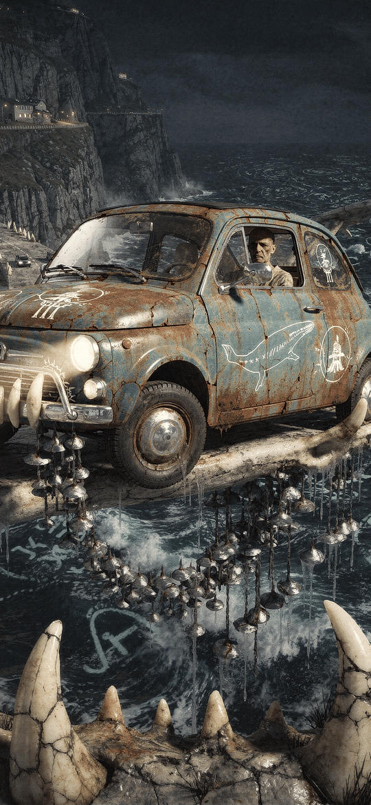 Rusty Vintage Car on Tusked Ocean Bridge