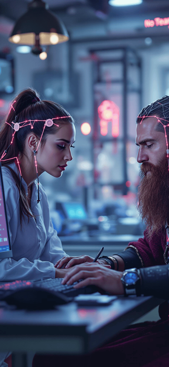 Neural-Linked Couple Hacking at Neon Desk