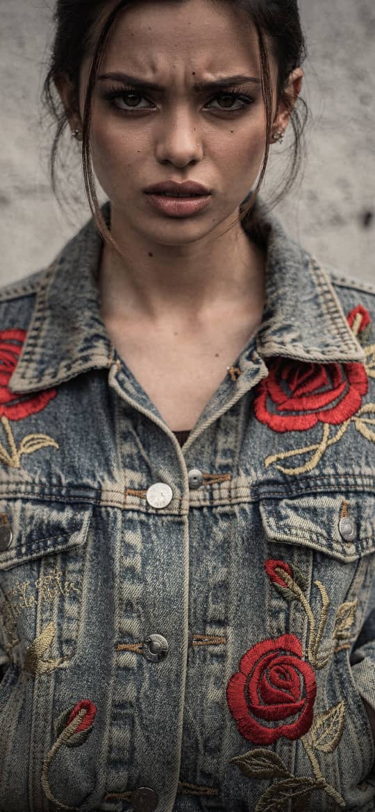Woman in Rose Embroidered Denim Jacket
