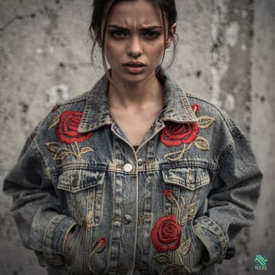 Woman in Rose Embroidered Denim Jacket