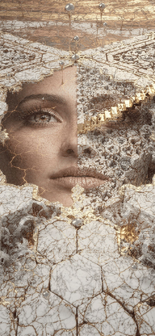 Woman's Face Emerging from Cracked Marble