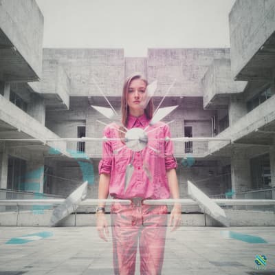 Woman in Pink in Brutalist Concrete Plaza