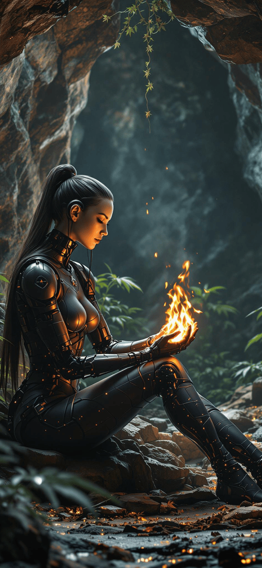 Cybernetic Woman Holding Flame in Cave