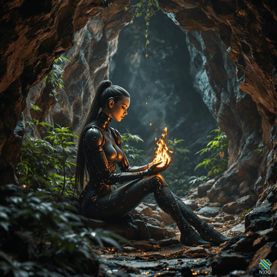 Cybernetic Woman Holding Flame in Cave