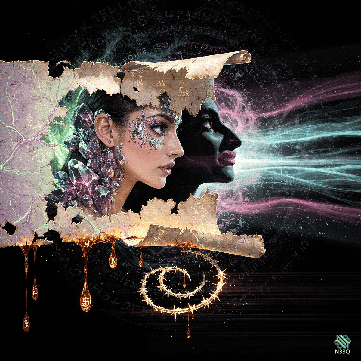 Crystal Woman Exhaling Light from Scroll