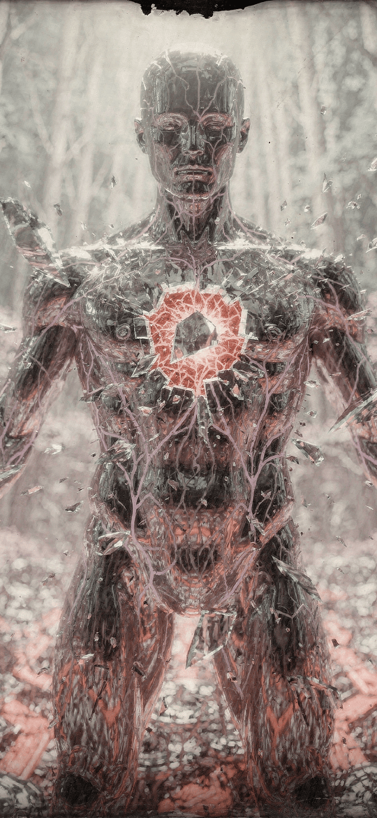 Glassy Figure with a Glowing Red Chest in a Forest