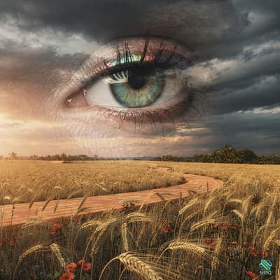 Giant Eye Over Winding Path in Wheat Field
