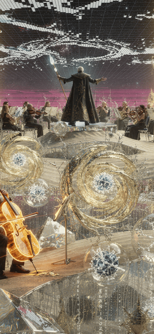 Cellist Performing Before Cosmic Orchestra Conductor