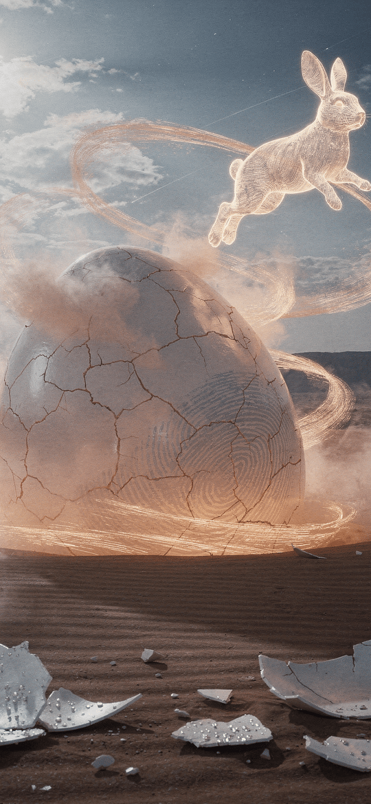 Rabbit Leaping from Cracked Desert Egg