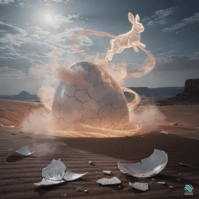 Rabbit Leaping from Cracked Desert Egg