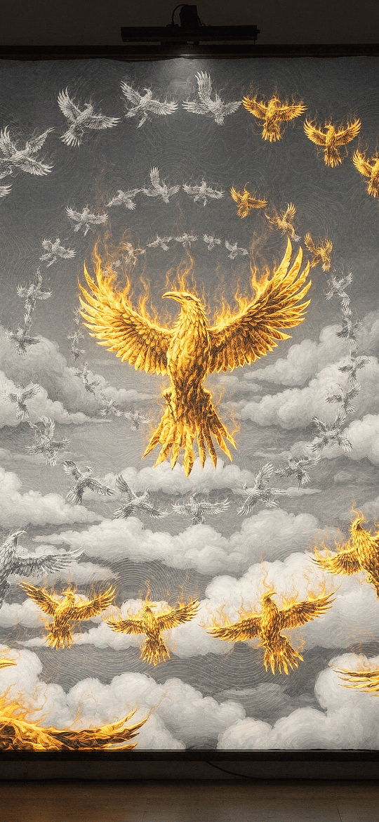 Fiery Golden Phoenix in Bird Vortex