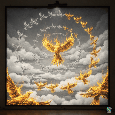 Fiery Golden Phoenix in Bird Vortex