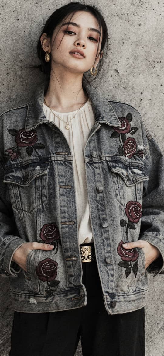 Woman in Rose Embroidered Denim Jacket