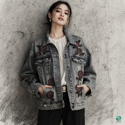 Woman in Rose Embroidered Denim Jacket