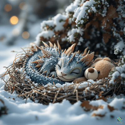Sleeping Blue Dragon in Snowy Nest with Teddy Bear