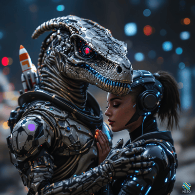 Cyborg Dinosaur Embracing Female Warrior