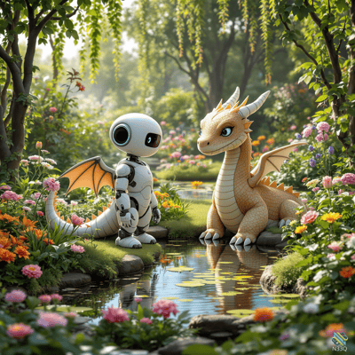 Robot and Dragon by Garden Pond
