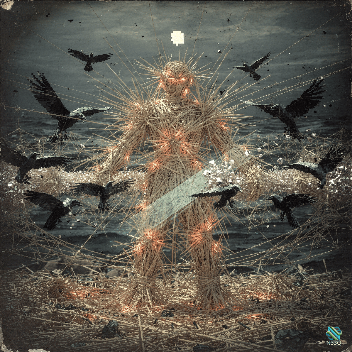 Glowing Straw Figure with Crows and Blade
