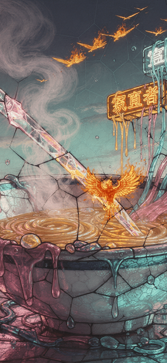 Phoenix Rising from Cracked Neon Bowl