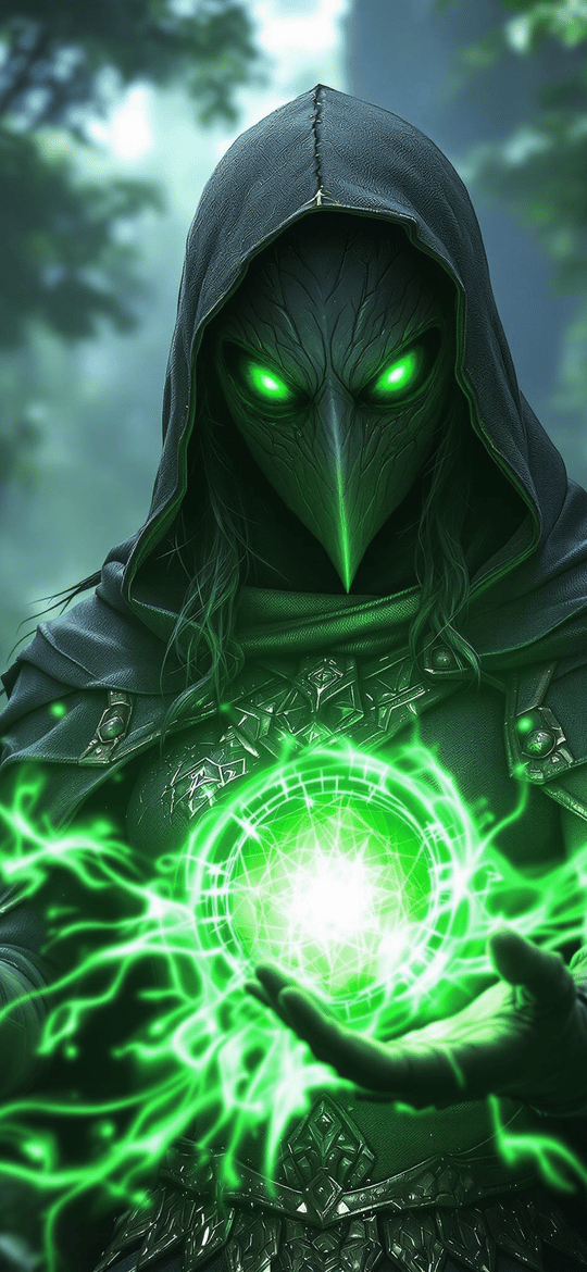 Hooded Bird-Masked Mage Casting Green Magic